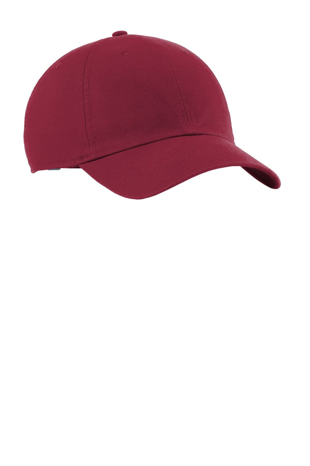 A burgundy cap with a curved brim and a rounded crown, featuring a logo on the front.