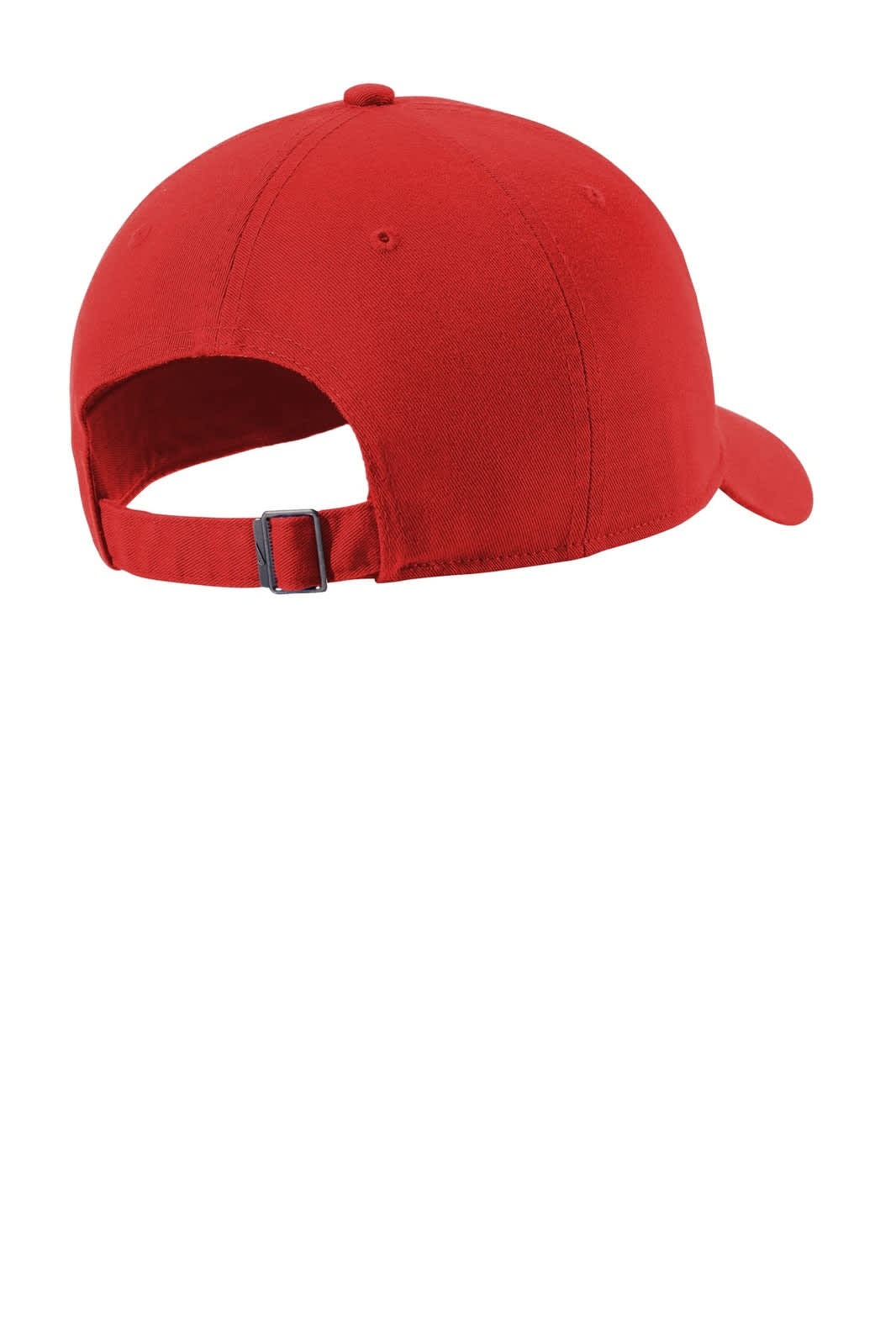 A red cap featuring a curved brim and an adjustable strap at the back, with a logo on the side.