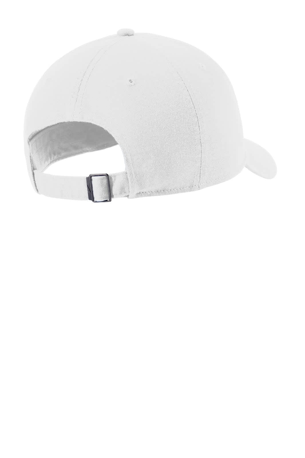 A white cap featuring an adjustable strap and a rounded crown, designed for comfortable wear.