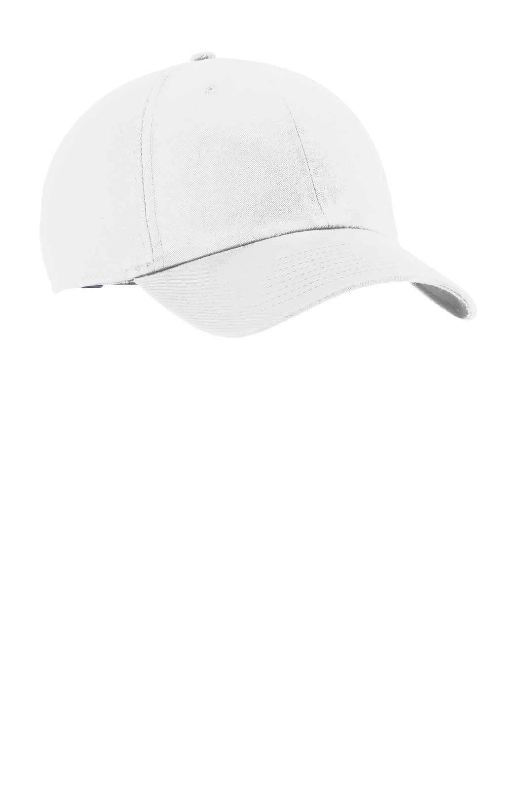 A white cap featuring a structured design and a curved brim, with a logo on the front.