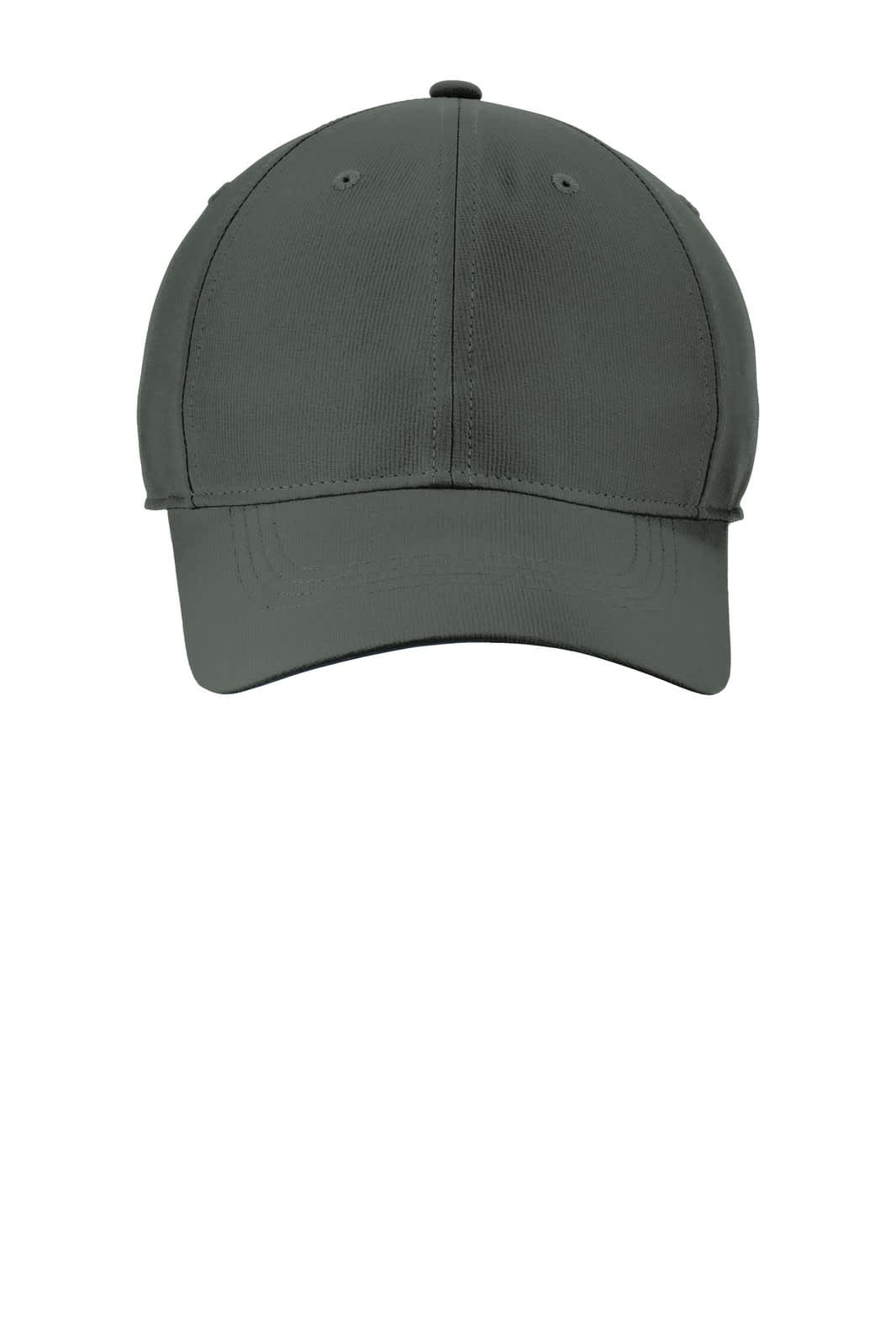 A grey cap featuring a rounded crown and a logo, suitable for sports or casual wear.