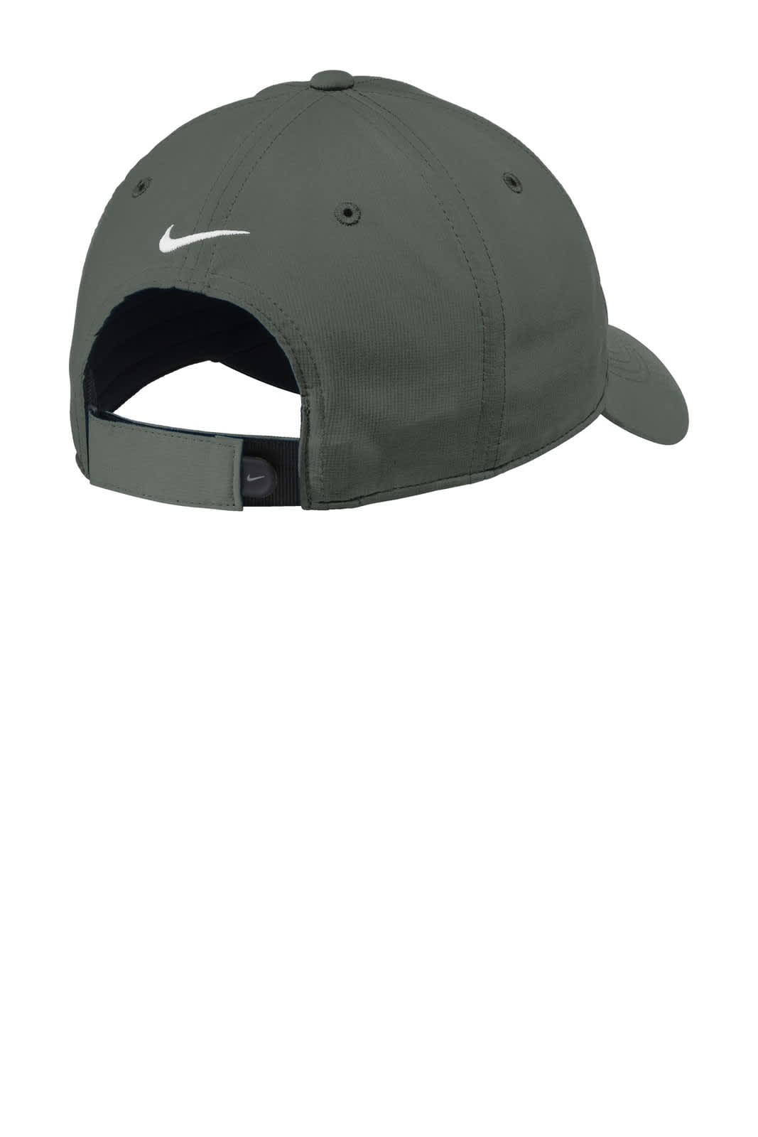 A grey cap featuring a logo, showcasing a curved brim and adjustable strap at the back.