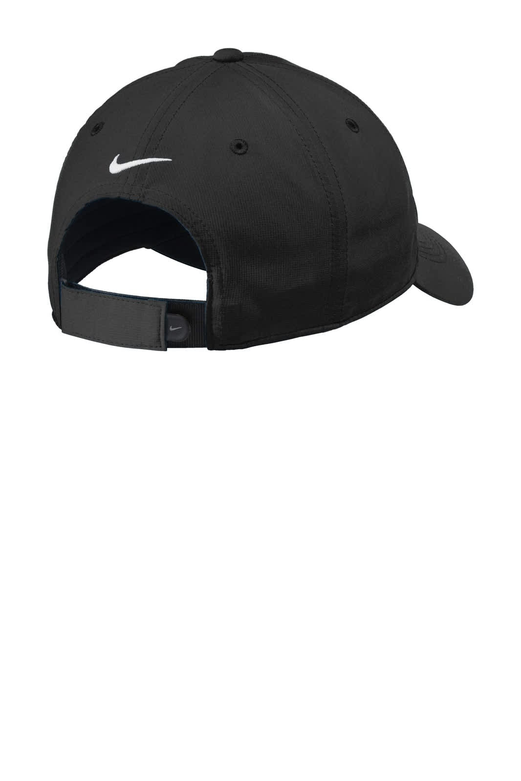 A black Nike Dri-FIT Tech Cap with a curved peak and adjustable strap at the back, featuring a logo.