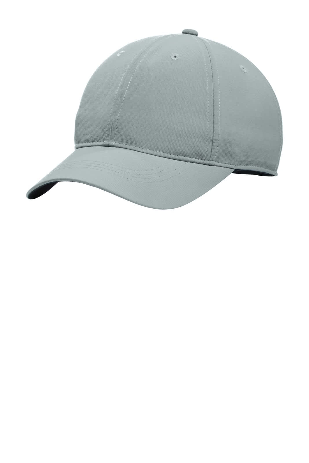 A grey cap featuring a curved brim and an adjustable back, designed for comfort and breathability.