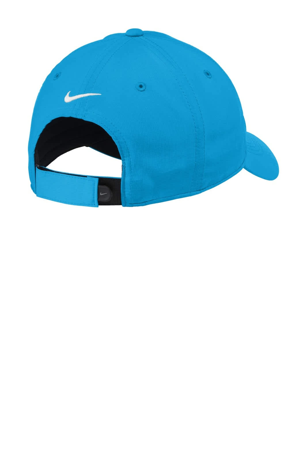 A blue cap featuring a back strap and a branding logo, designed for sporty wear.