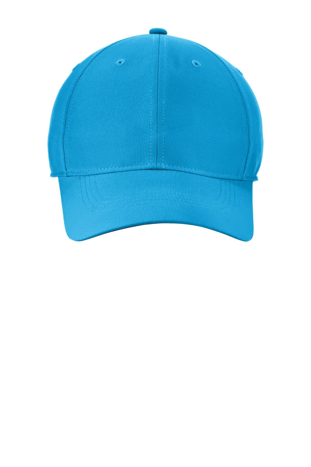 A bright blue cap with a structured crown and a curved brim, featuring a logo on the front.