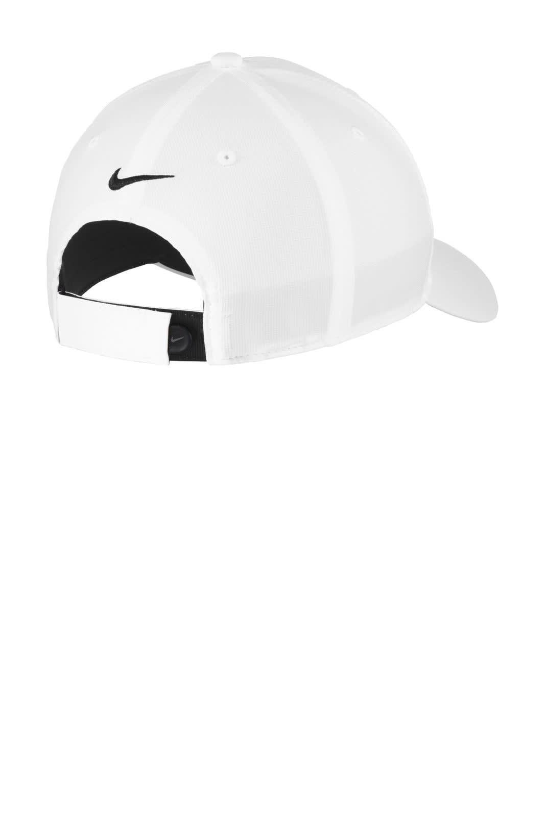 A white cap with a black logo, featuring a curved brim and adjustable strap at the back.