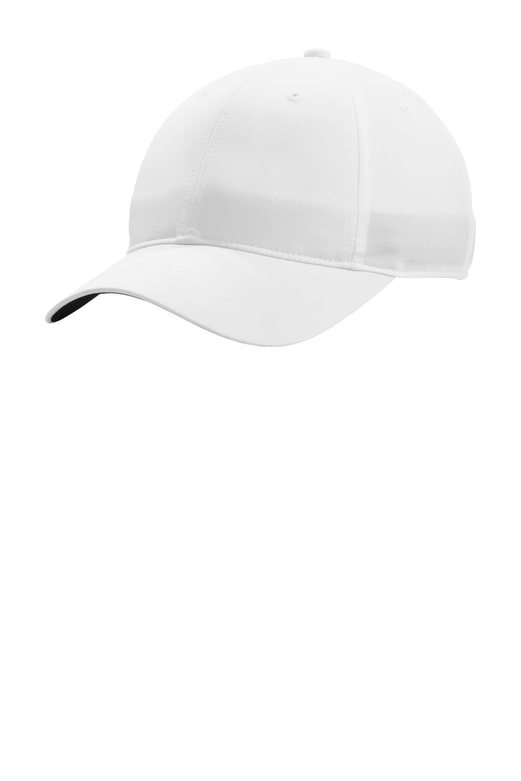 A white cap featuring a curved brim and an adjustable strap, with a logo on the front.