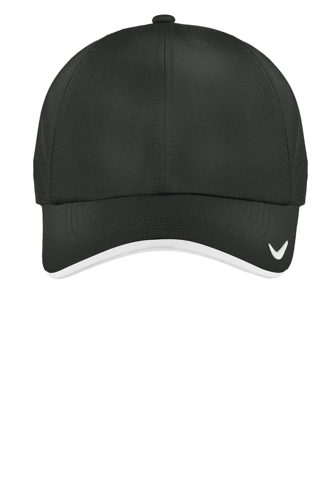 A black cap featuring a white accent and a logo, designed with perforated material for breathability.