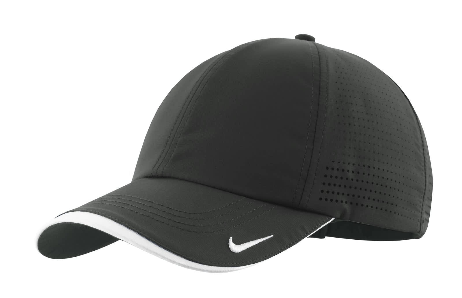 A dark green cap with perforated details, featuring a contrasting white edge and a branding logo.