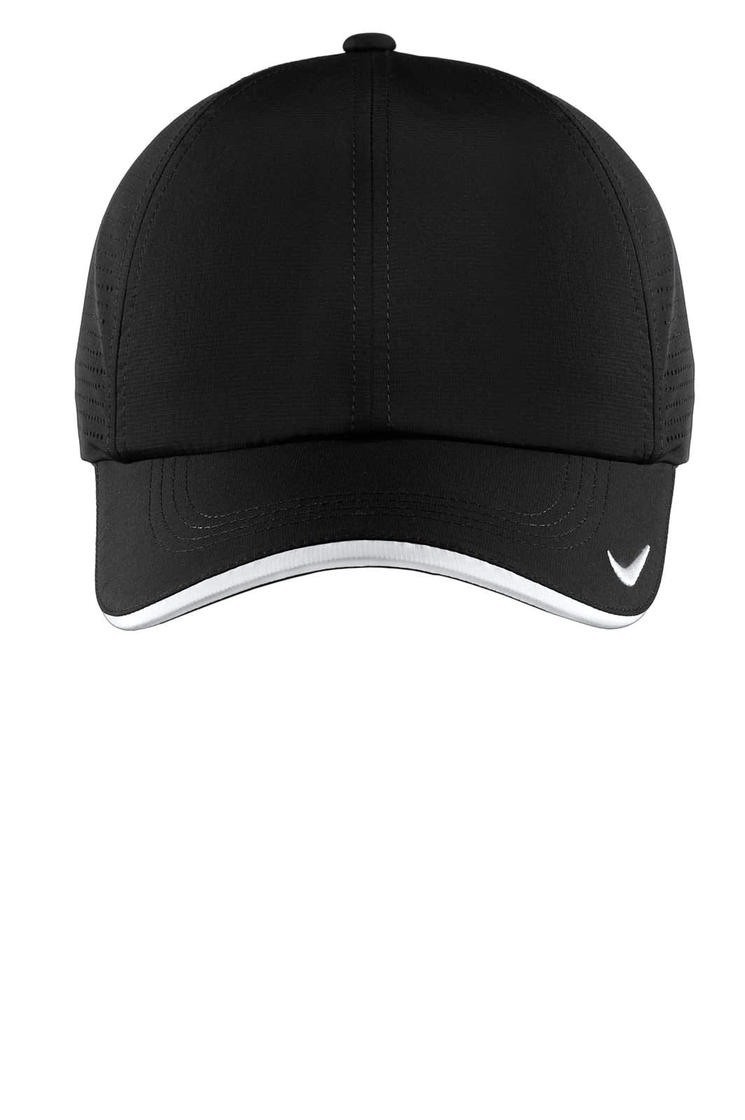 A black cap with perforated panels and a contrasting white brim, featuring a logo on the front.