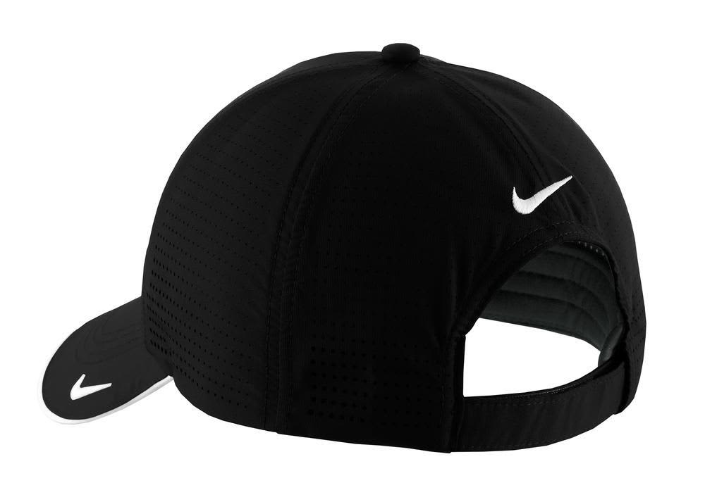 A black cap with perforations and a branded logo, featuring a curved brim and adjustable back.