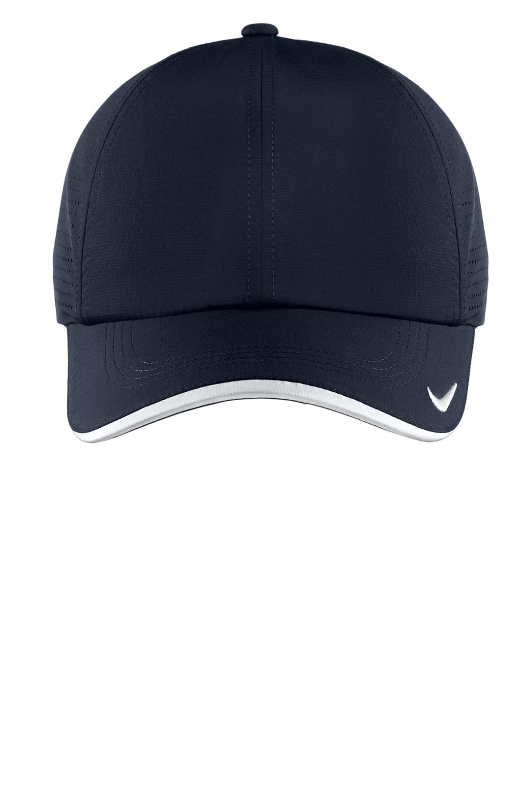 A navy cap with perforated detailing and a contrasting white peak, featuring a logo.