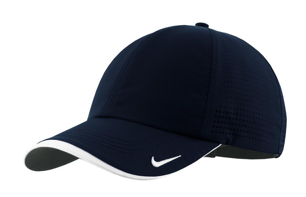 A navy blue cap with perforated panels and a contrasting white brim, featuring a logo.