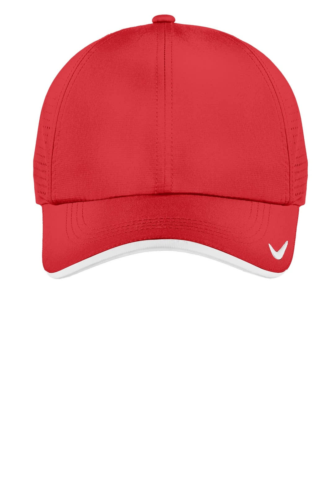 A red cap with perforated sides and a white underside to the brim, featuring a logo on the front.