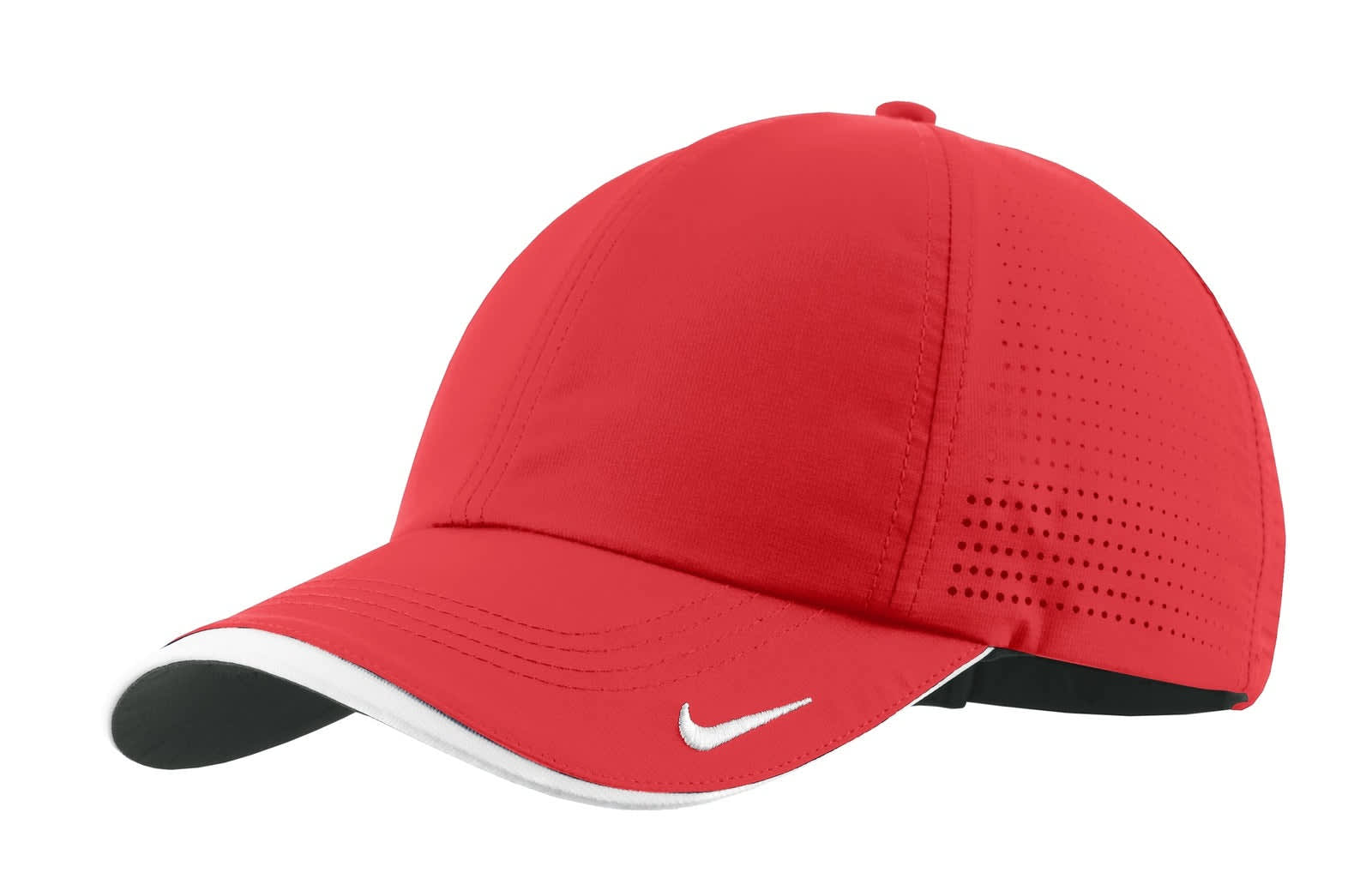 A red cap with perforated detailing, featuring a logo and a white accent on the brim.