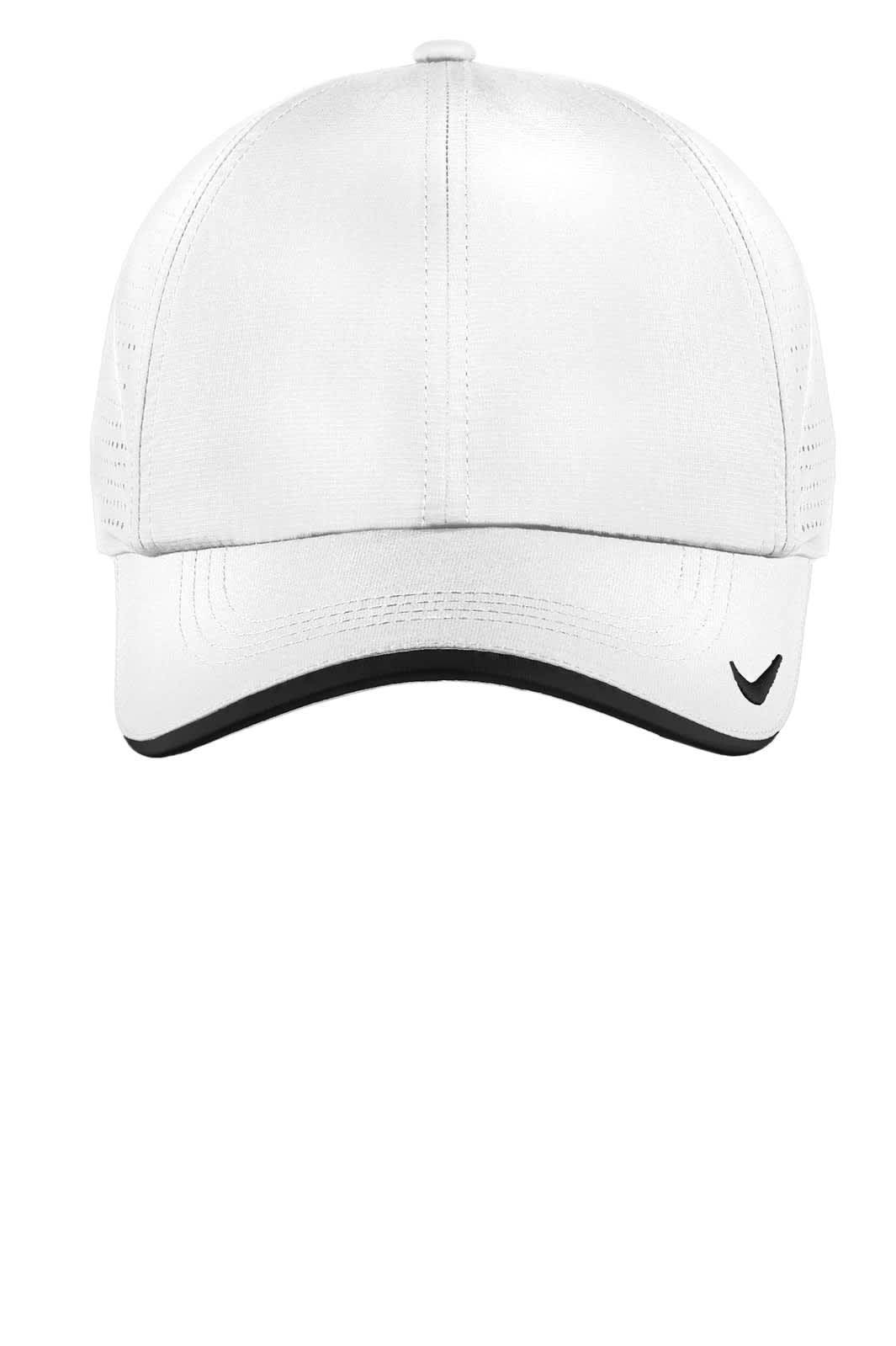 A white cap with perforated sides and a black brim, featuring a logo on the side.