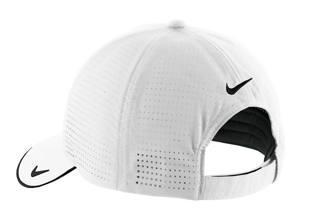 A white perforated cap with a black logo, featuring a curved brim and adjustable back.