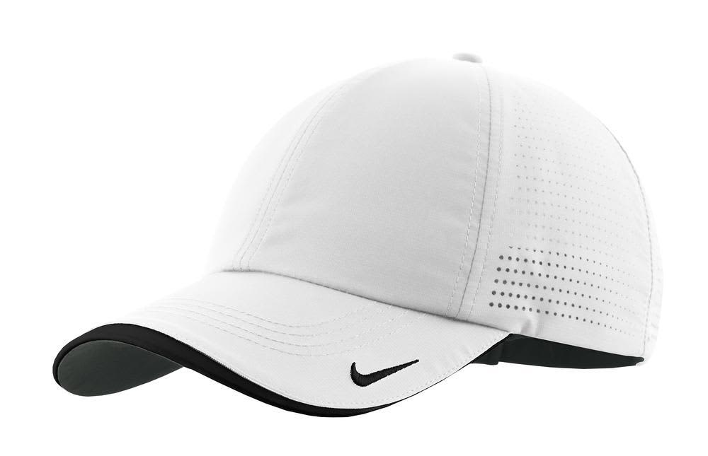 A white Nike Dri-FIT Swoosh perforated cap with a black brim and logo detail.