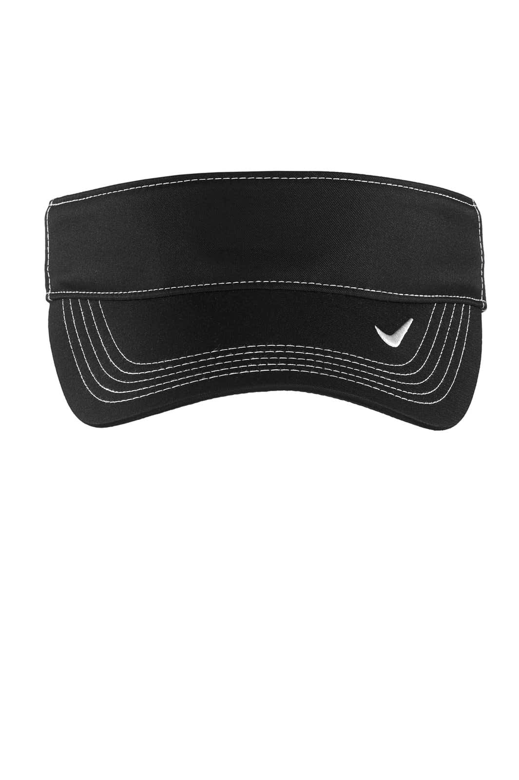 A black visor with white stitching and a logo on the front, designed for headwear.