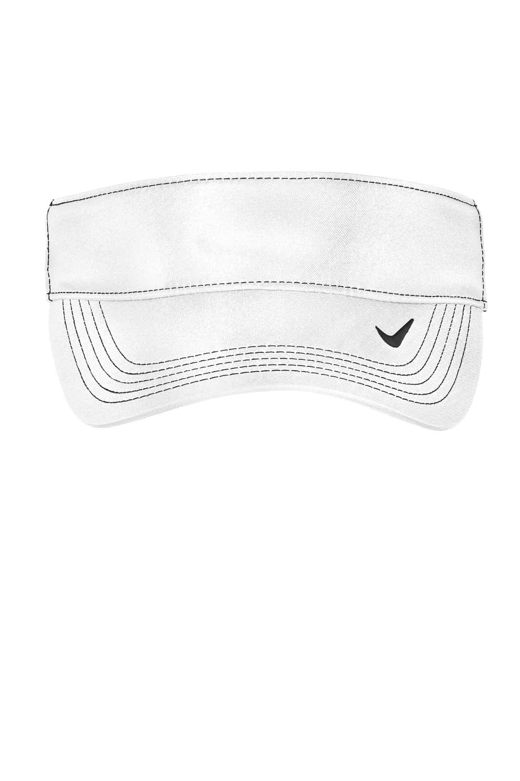 A white visor with contrasting stitching and a small logo on the side.