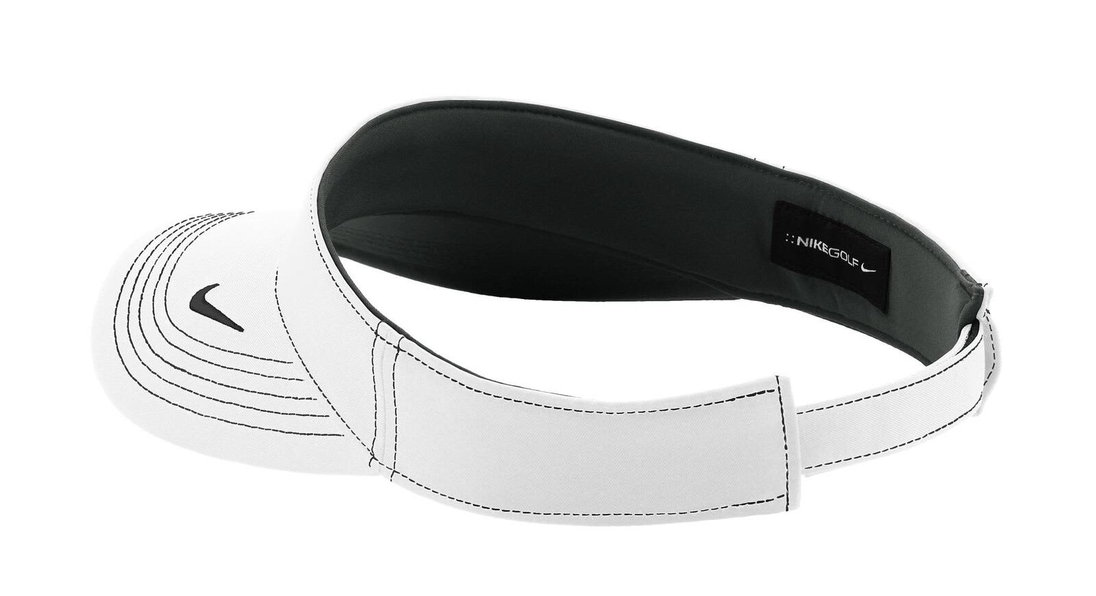 A white Nike Dri-FIT Swoosh visor with a curved brim and adjustable strap, featuring a logo.