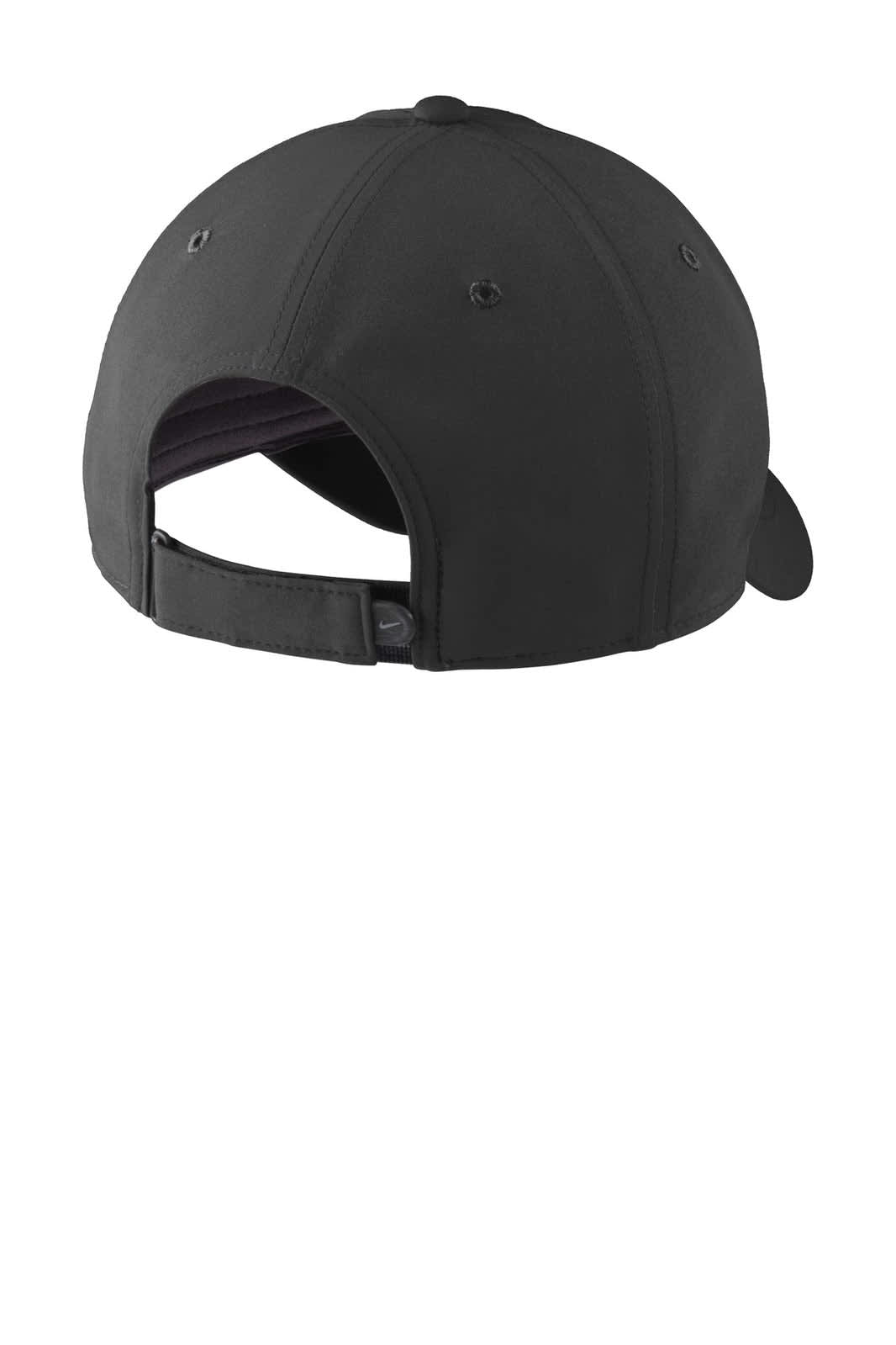 A black Nike Swoosh Legacy 91 cap featuring a curved peak and adjustable strap at the back.