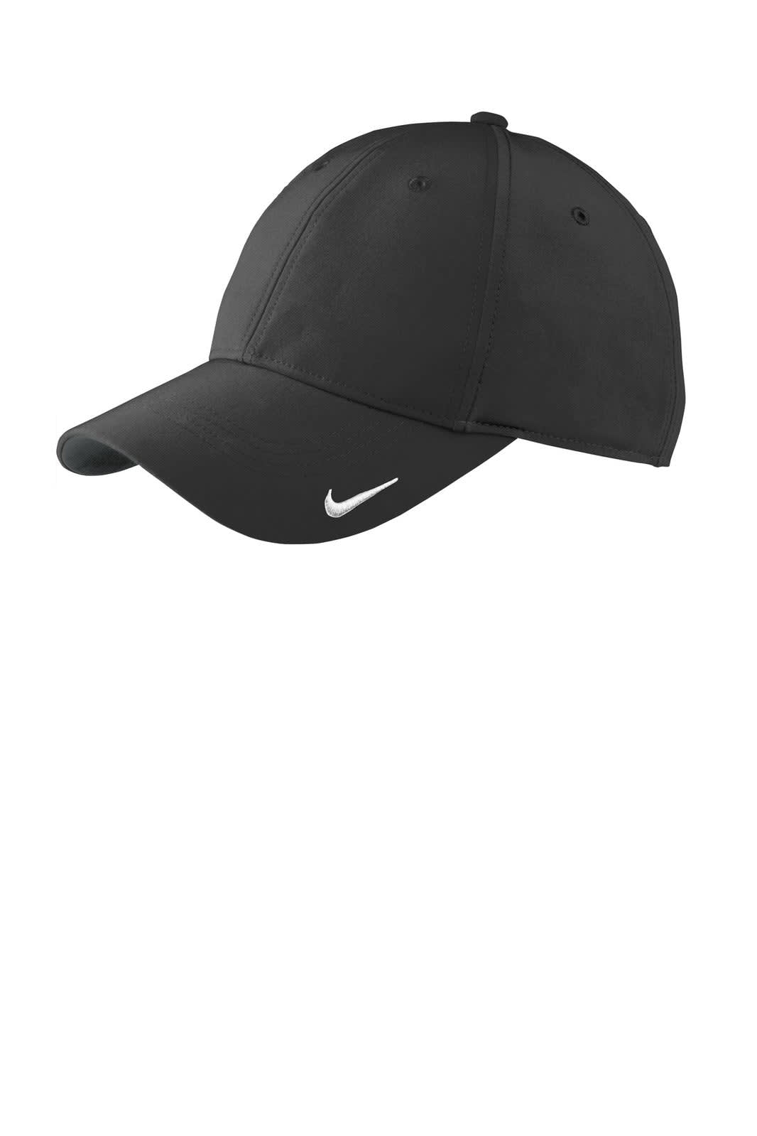 A black cap with a curved brim and a logo, featuring a classic design for casual wear.