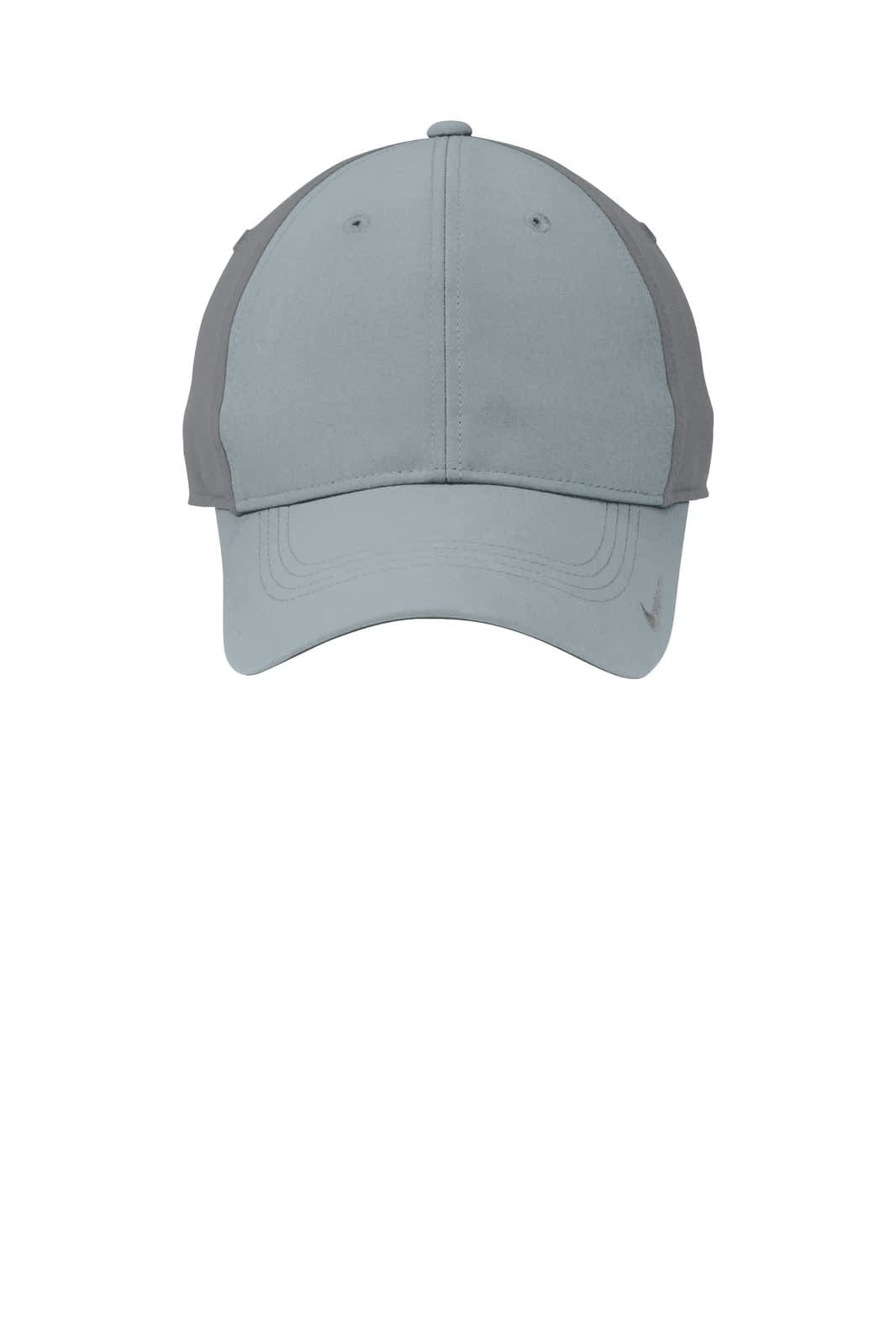 A cap featuring a light blue front and grey sides, with a logo on the side.