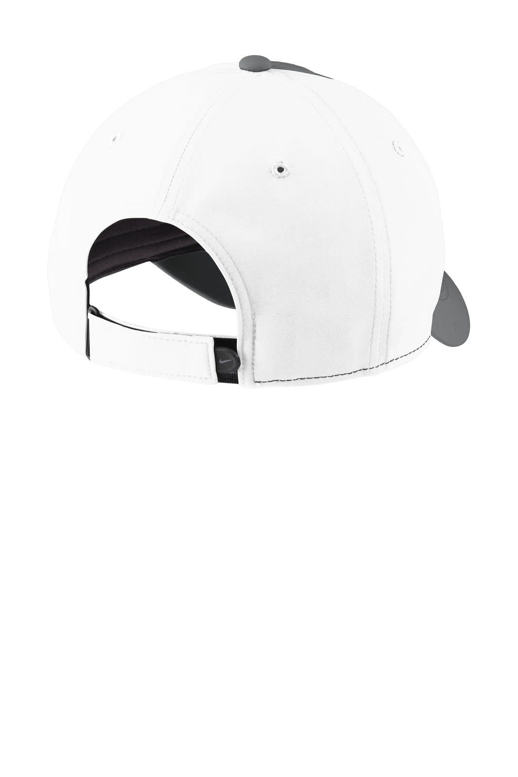 A white cap with a grey visor and an adjustable strap at the back, featuring a logo.