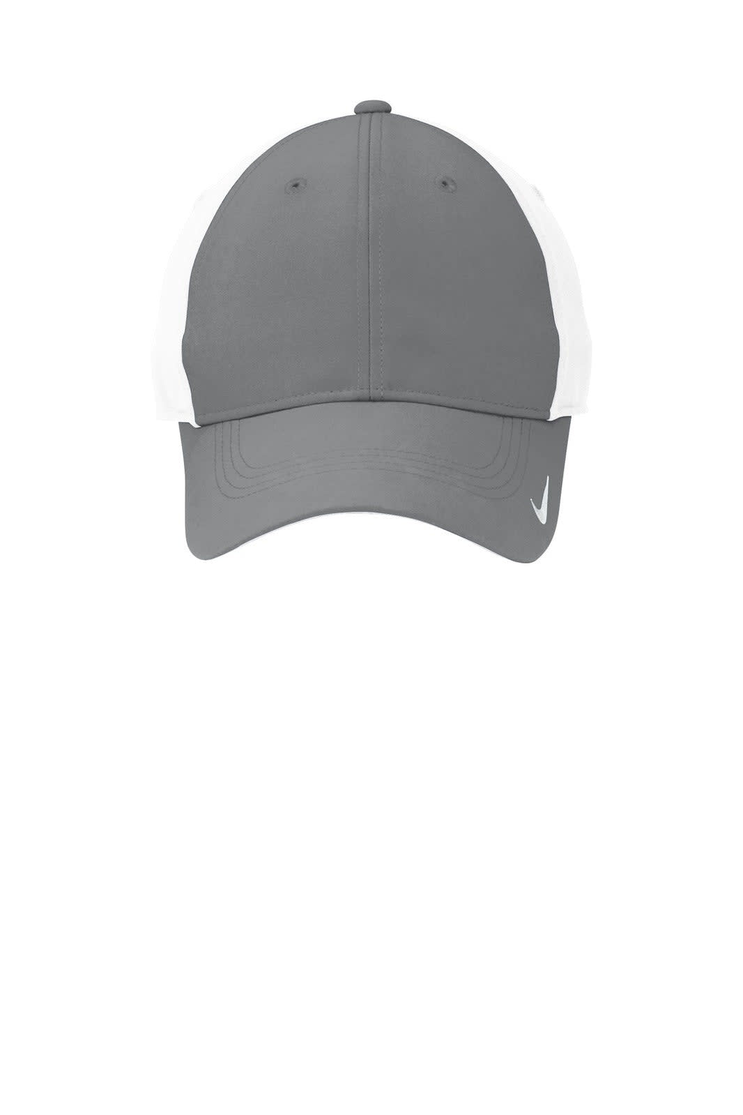 A cap featuring a grey front with white sides, and a logo on the front.