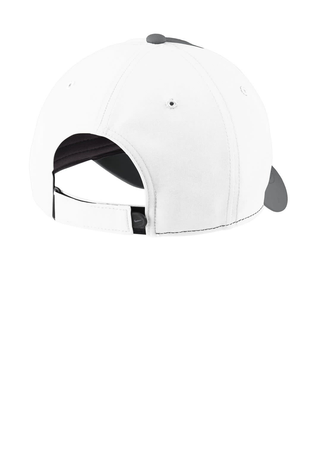 A white cap with a grey visor and adjustable strap at the back, featuring a logo.