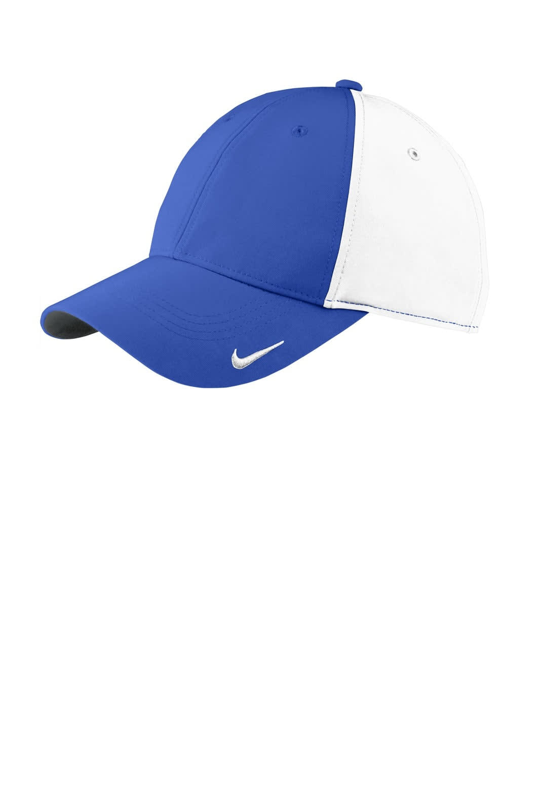A blue and white cap featuring a logo. The cap has a curved peak and a stitched design.