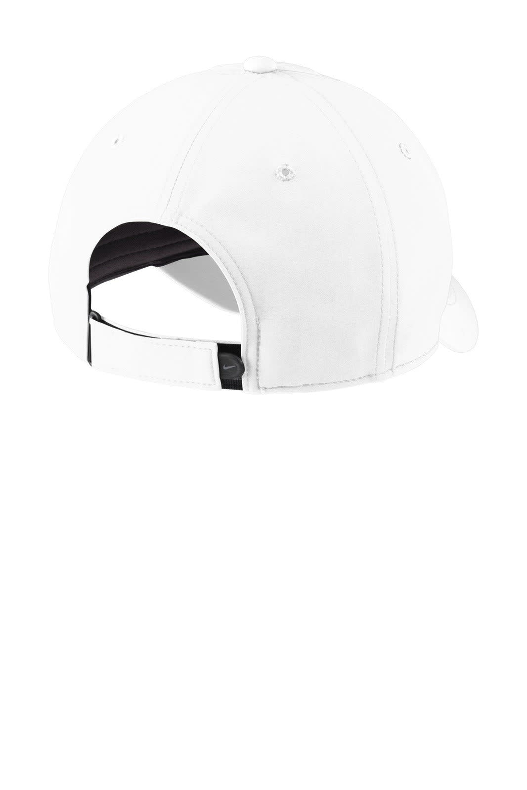 A white Nike cap featuring a back adjustment strap and a logo, showcasing a simple and classic design.