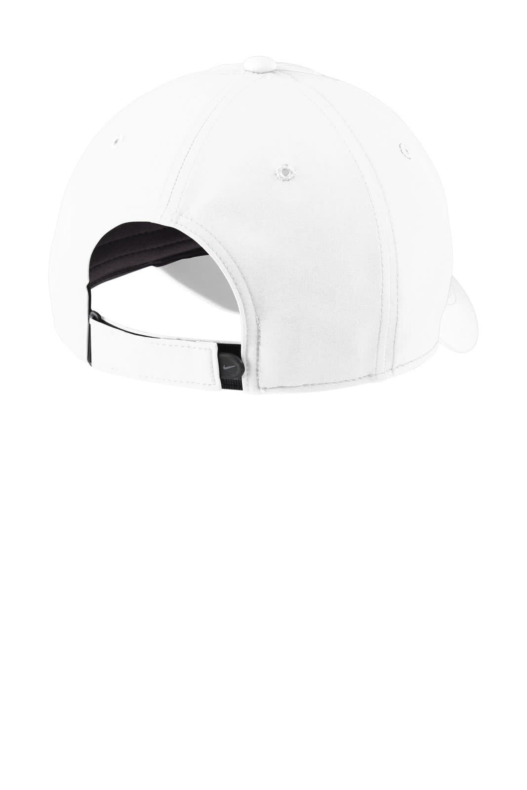 A white cap with a curved brim and adjustable strap at the back. It features a logo on the side.
