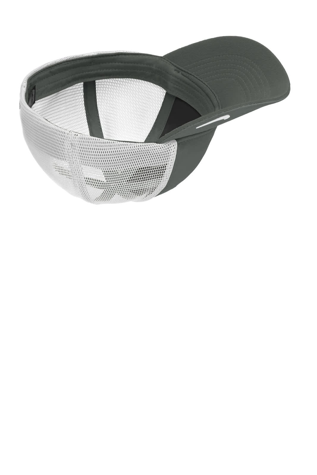 A grey cap featuring a mesh back and a curved brim, designed for comfort and breathability.