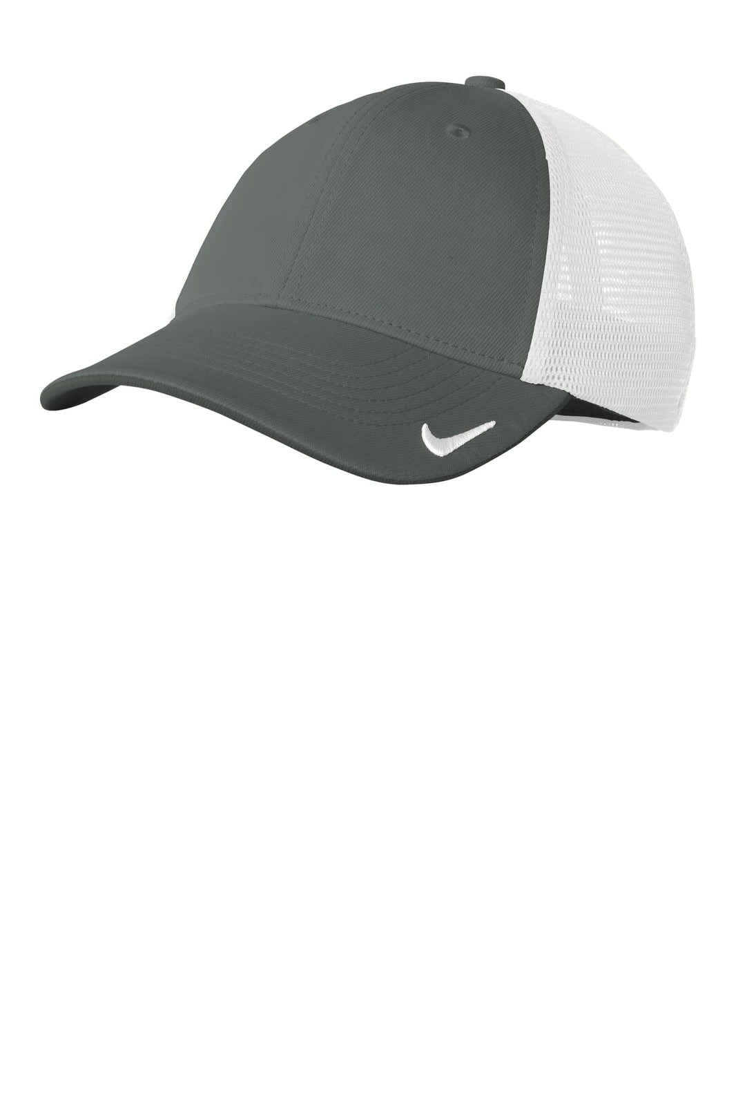 A grey and white cap with a mesh back and a logo on the front.