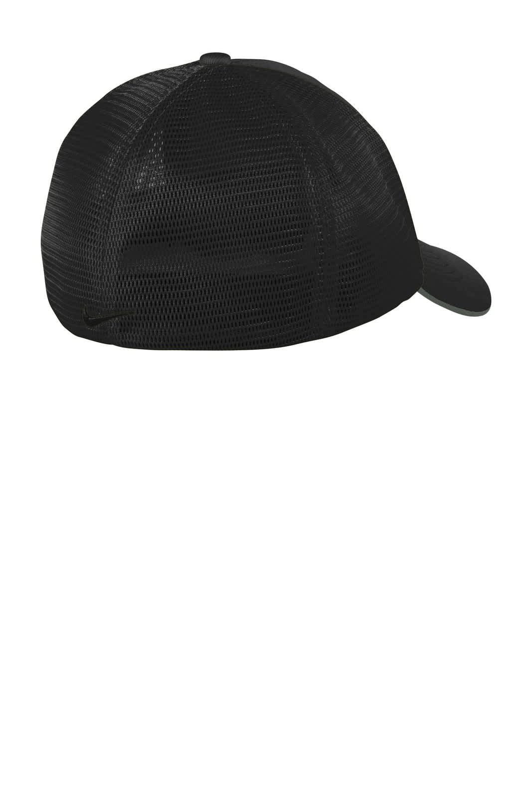 A black mesh-back cap featuring a logo, with an adjustable strap at the rear.