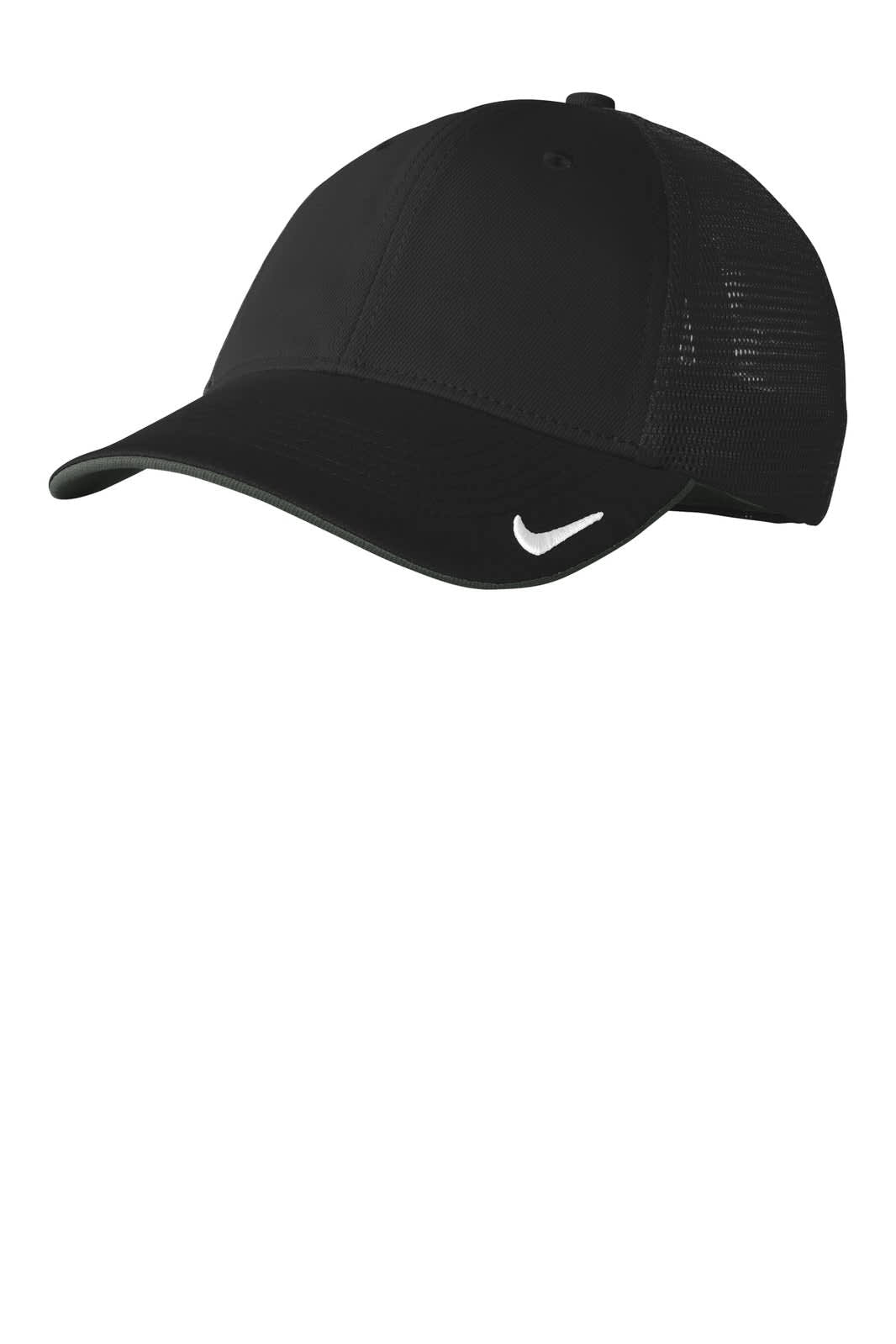 A black cap featuring a mesh back and a logo, designed for comfort and breathability.