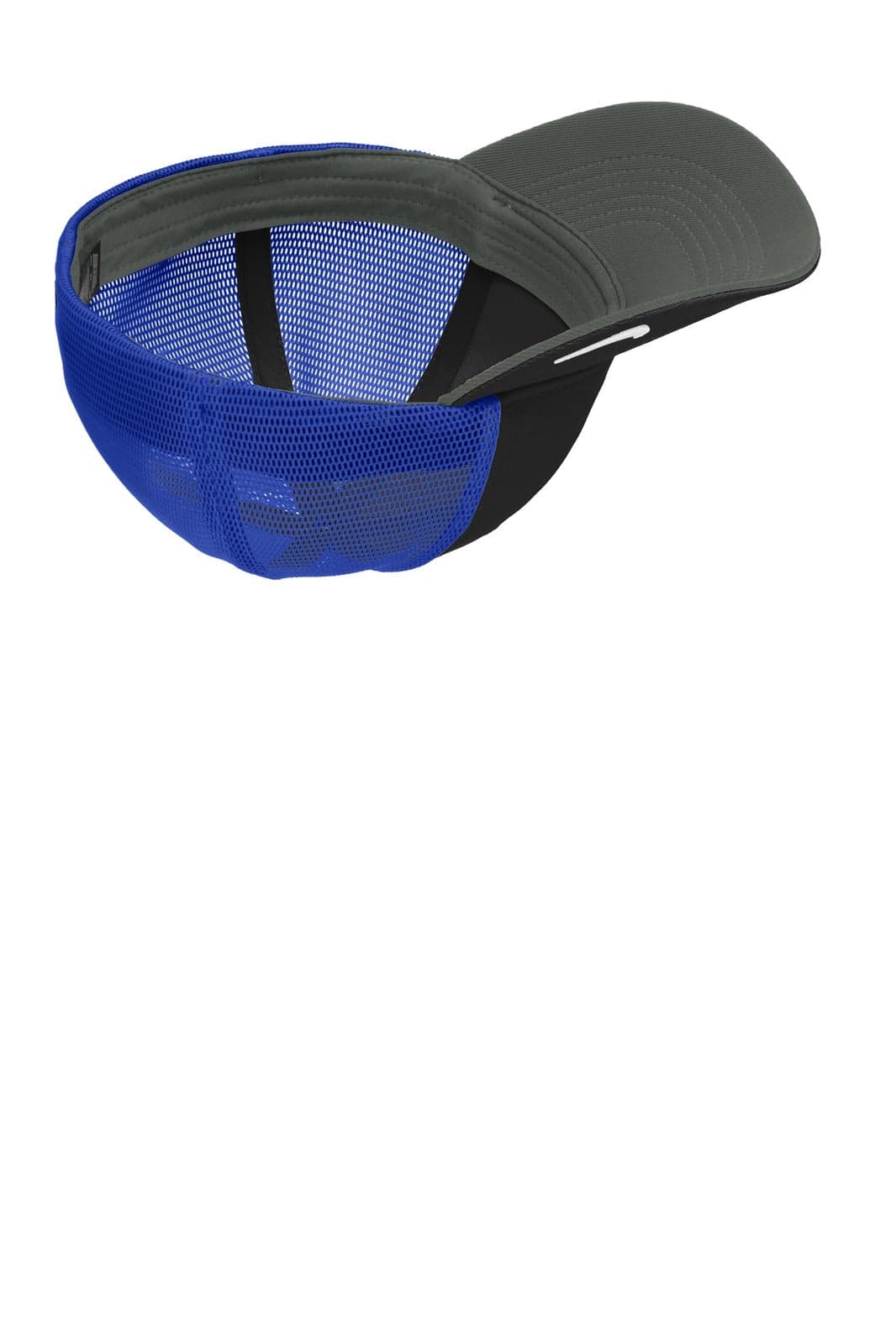 A cap featuring a grey front and a blue mesh back. It has a flexible brim and includes a branding logo.