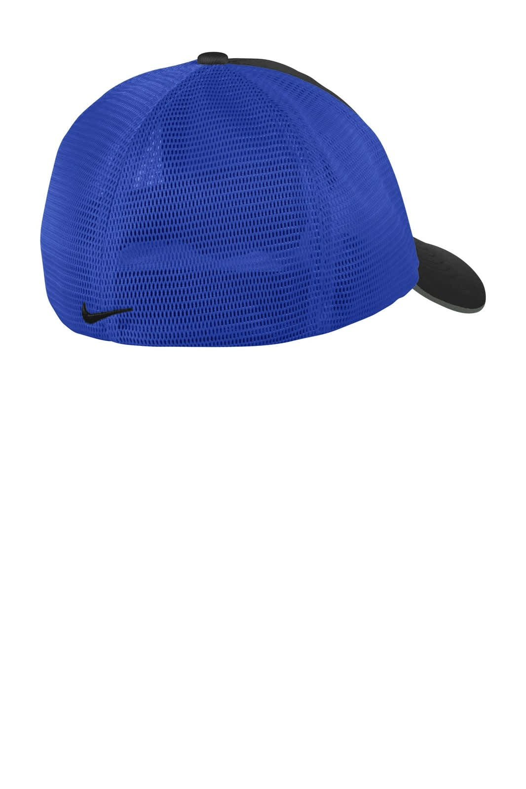 A blue cap with a black peak and mesh back, featuring a logo.