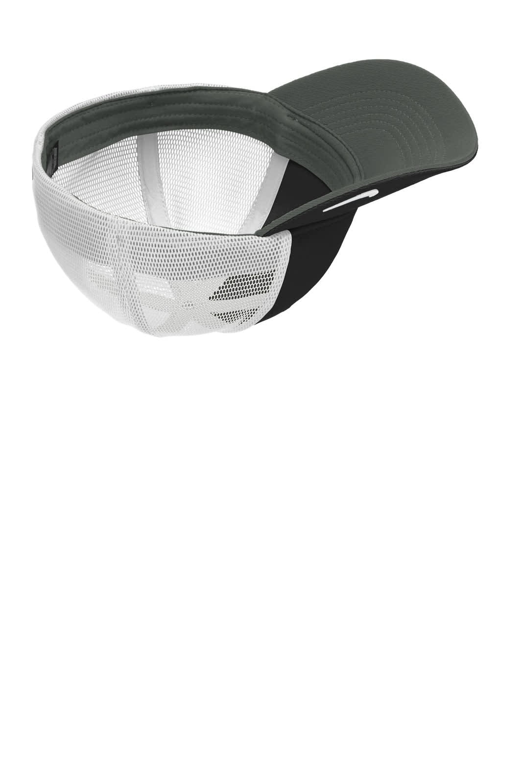 A grey cap with a mesh back and a curved brim, featuring a logo on the side.