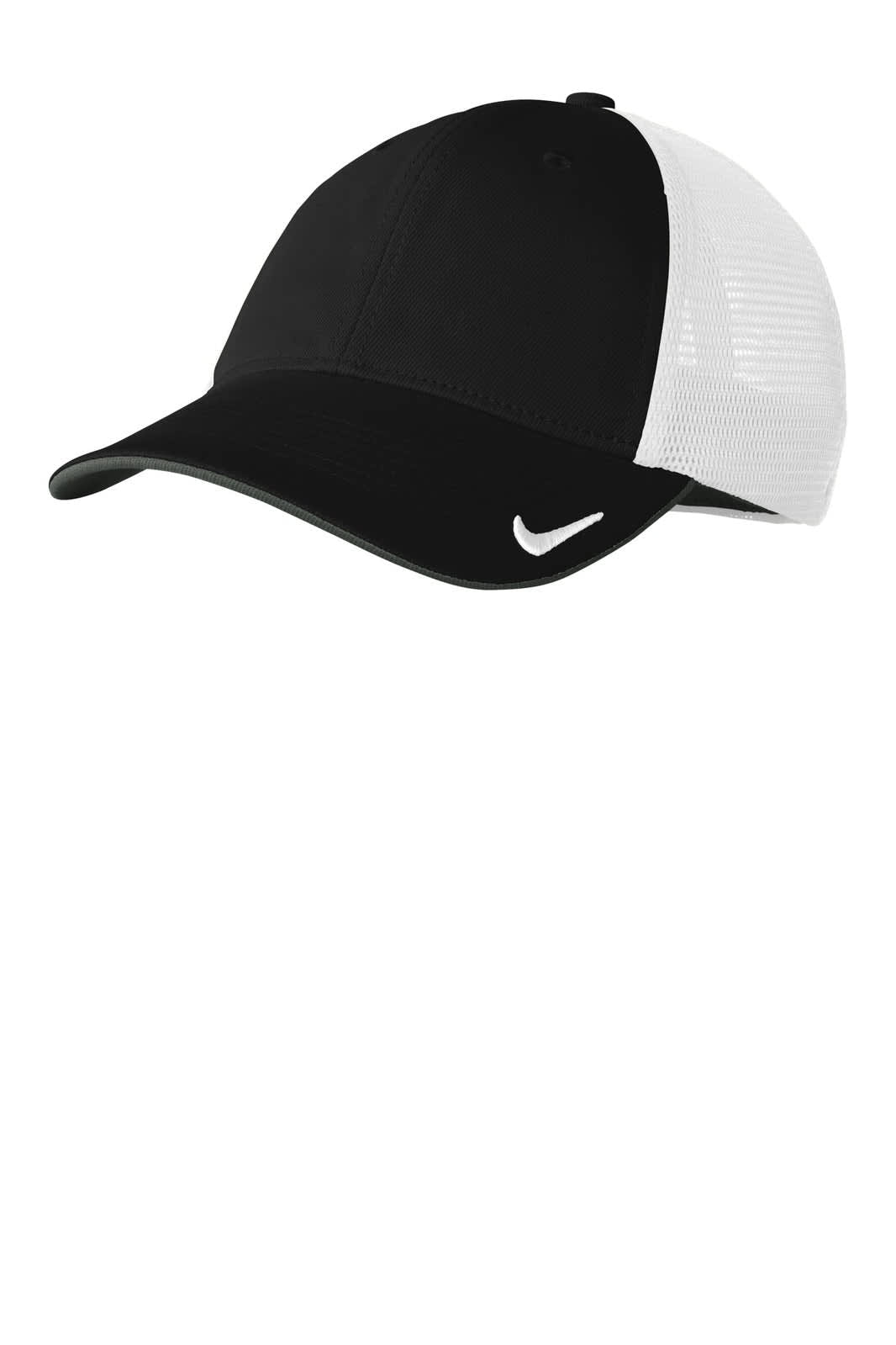 A black and white mesh back cap with a curved brim and a logo on the front.