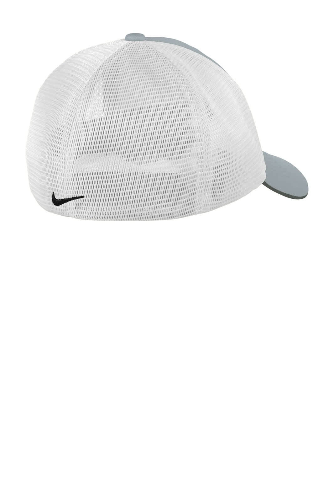 A cap featuring a grey peak and a white mesh back, with a logo displayed on the side.