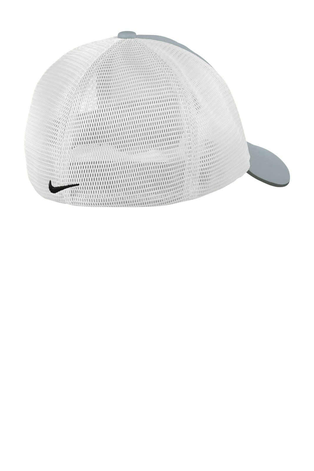 A grey and white cap featuring a mesh back and a logo. Suitable for headwear.