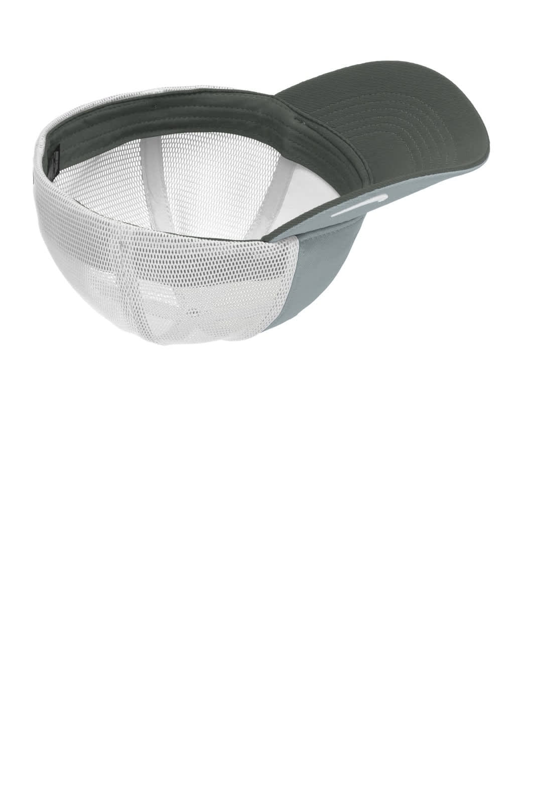 A grey cap featuring a mesh back and a solid front panel. It includes a logo on the exterior.