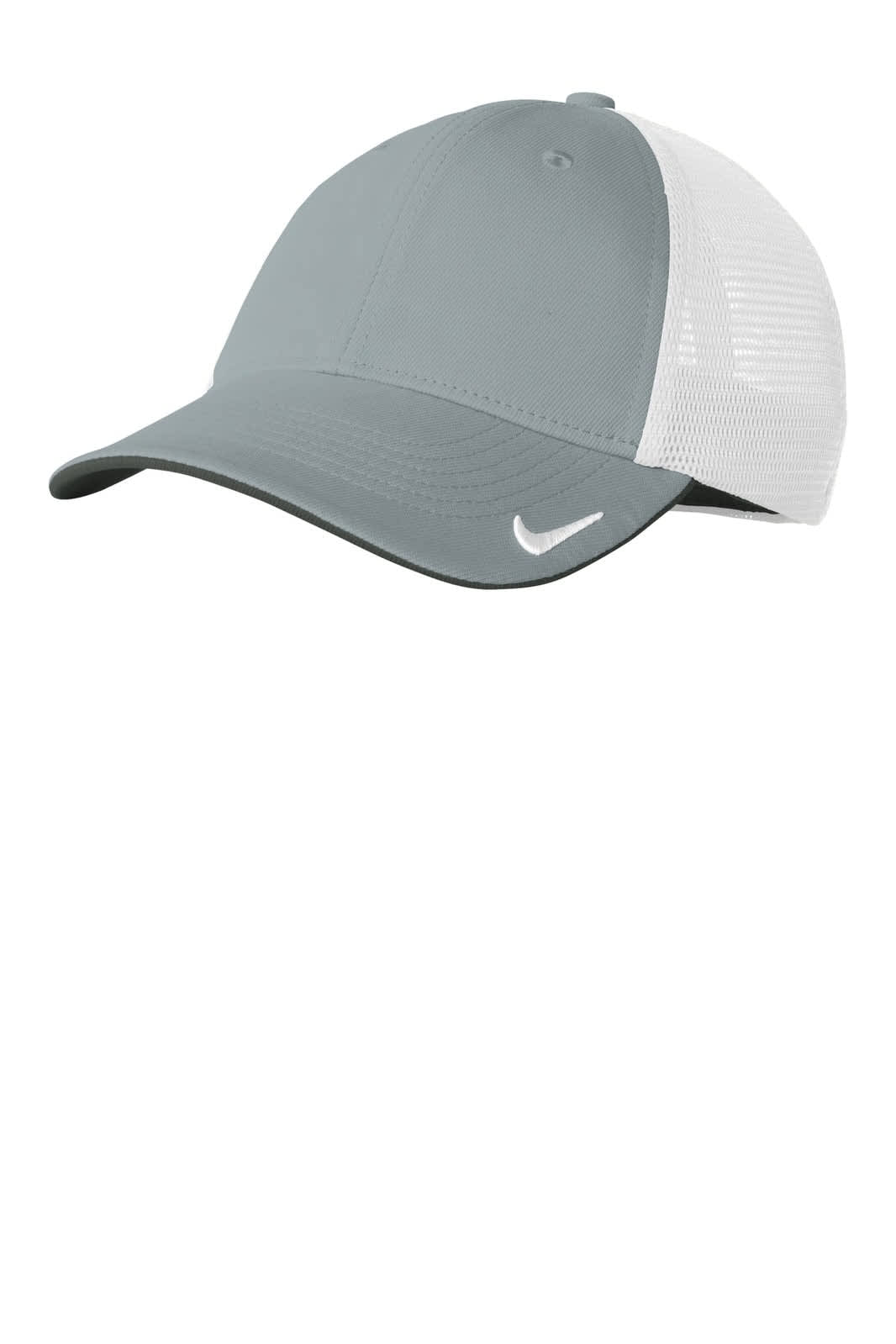 A grey cap with a white mesh back, featuring a logo on the side.