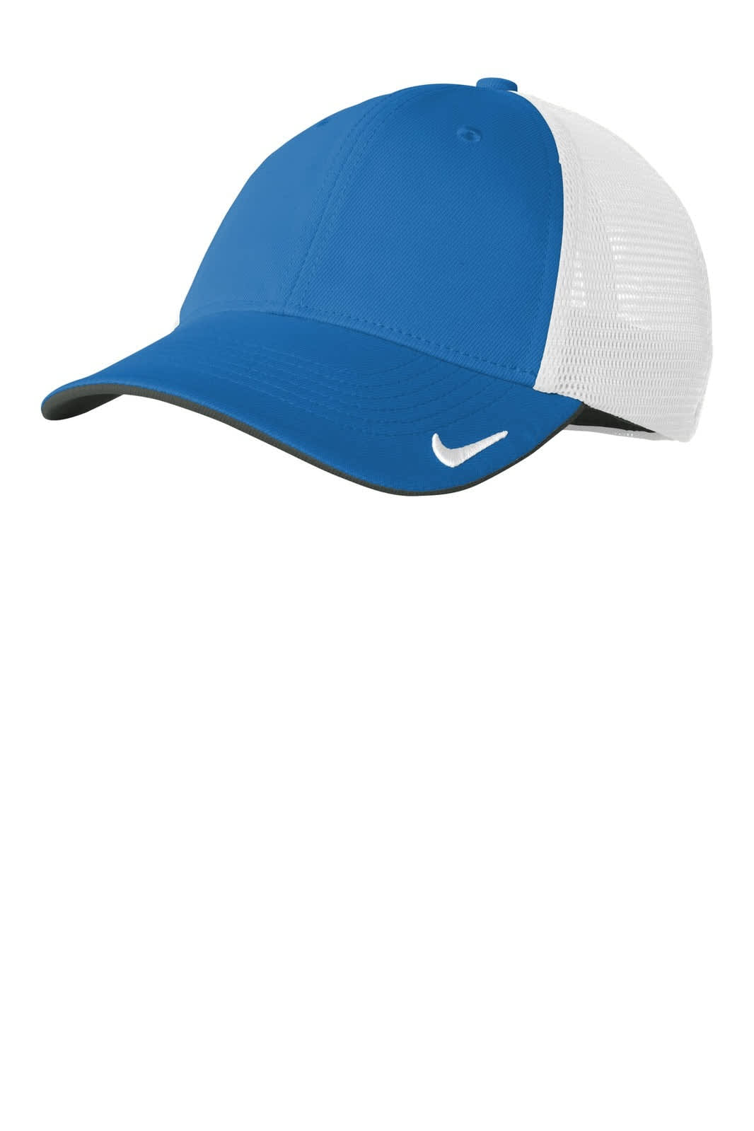 A blue cap with a white mesh back, featuring a logo on the front. Ideal for casual headwear.