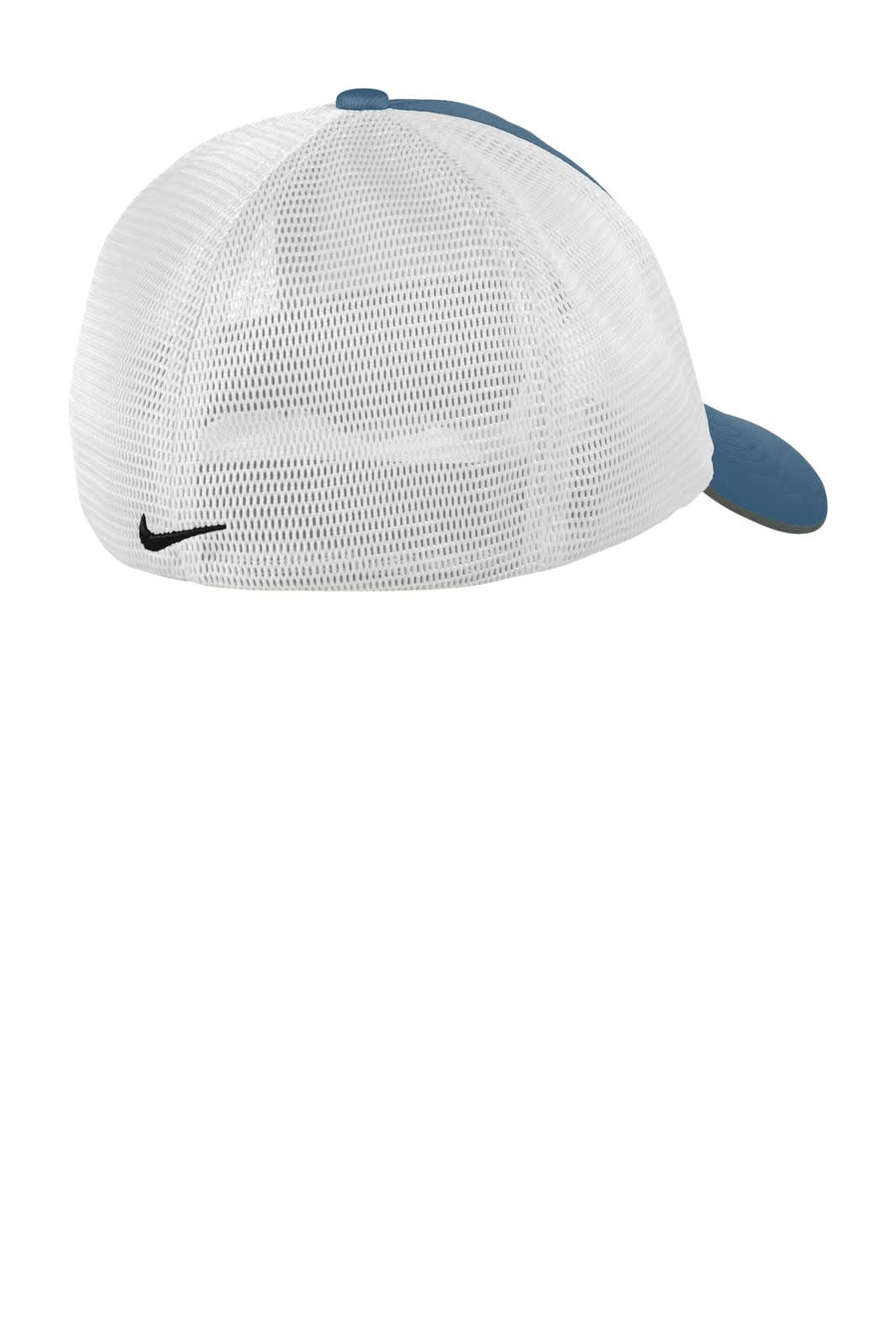 A blue and white Nike Dri-FIT mesh back cap featuring a logo. Ideal for headwear purposes.