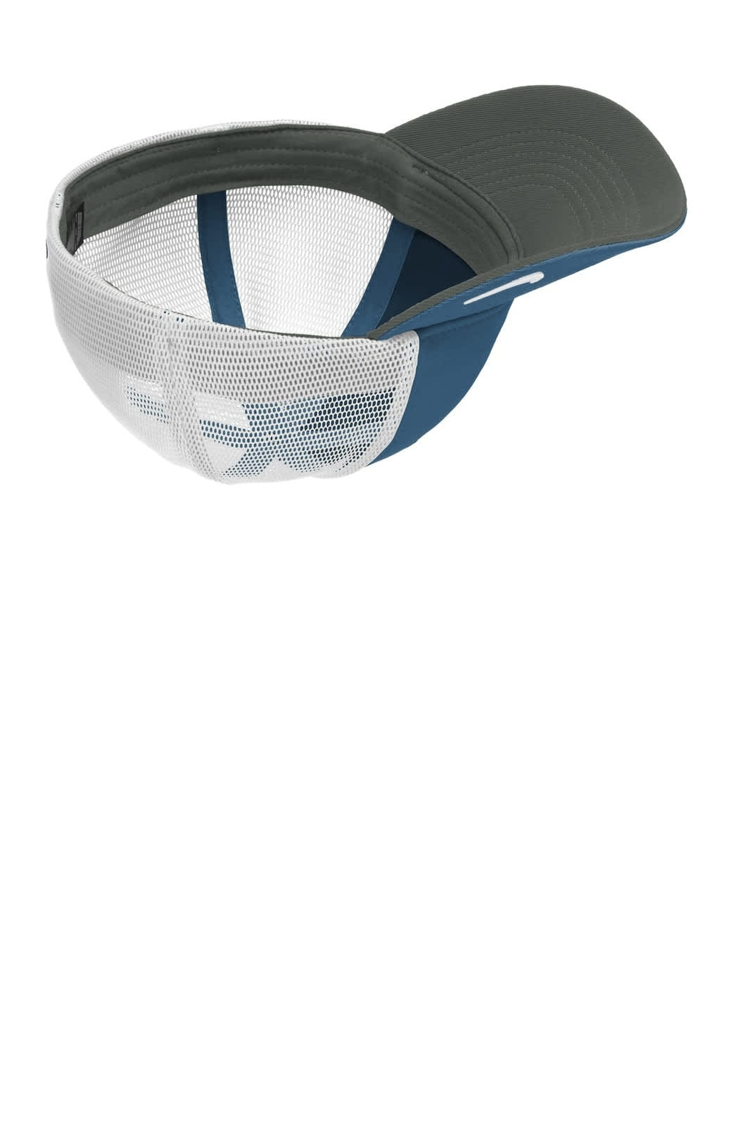 A mesh back cap in navy and grey with a curved brim and an internal lining, featuring a logo.